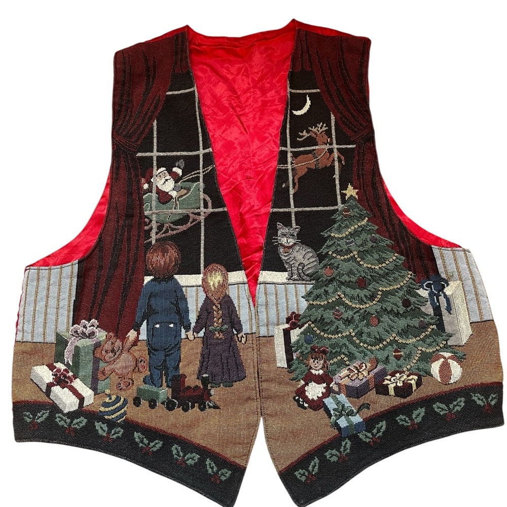 Holiday Tapestry Vest with Tree Scene & Red Satin Lining